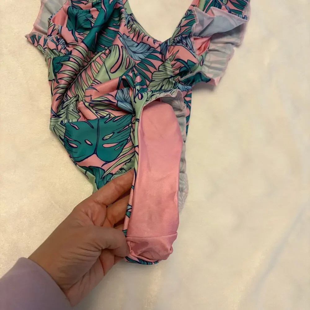 Boardies Apparel Pink Green Leafy Tropical One Piece Ruffle SZ 10-11 Scoop Neck